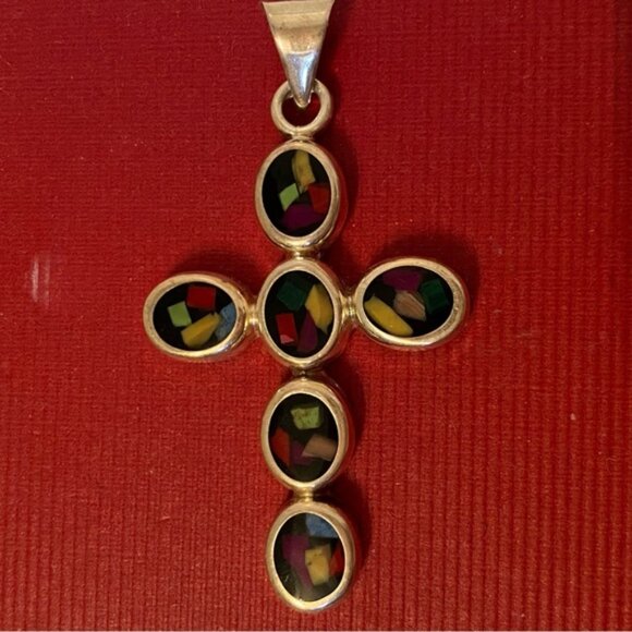 ATI 925 STERLING SILVER MULTI COLOR INLAY CROSS PENDANT BLACK 13.2g - Picture 1 of 11